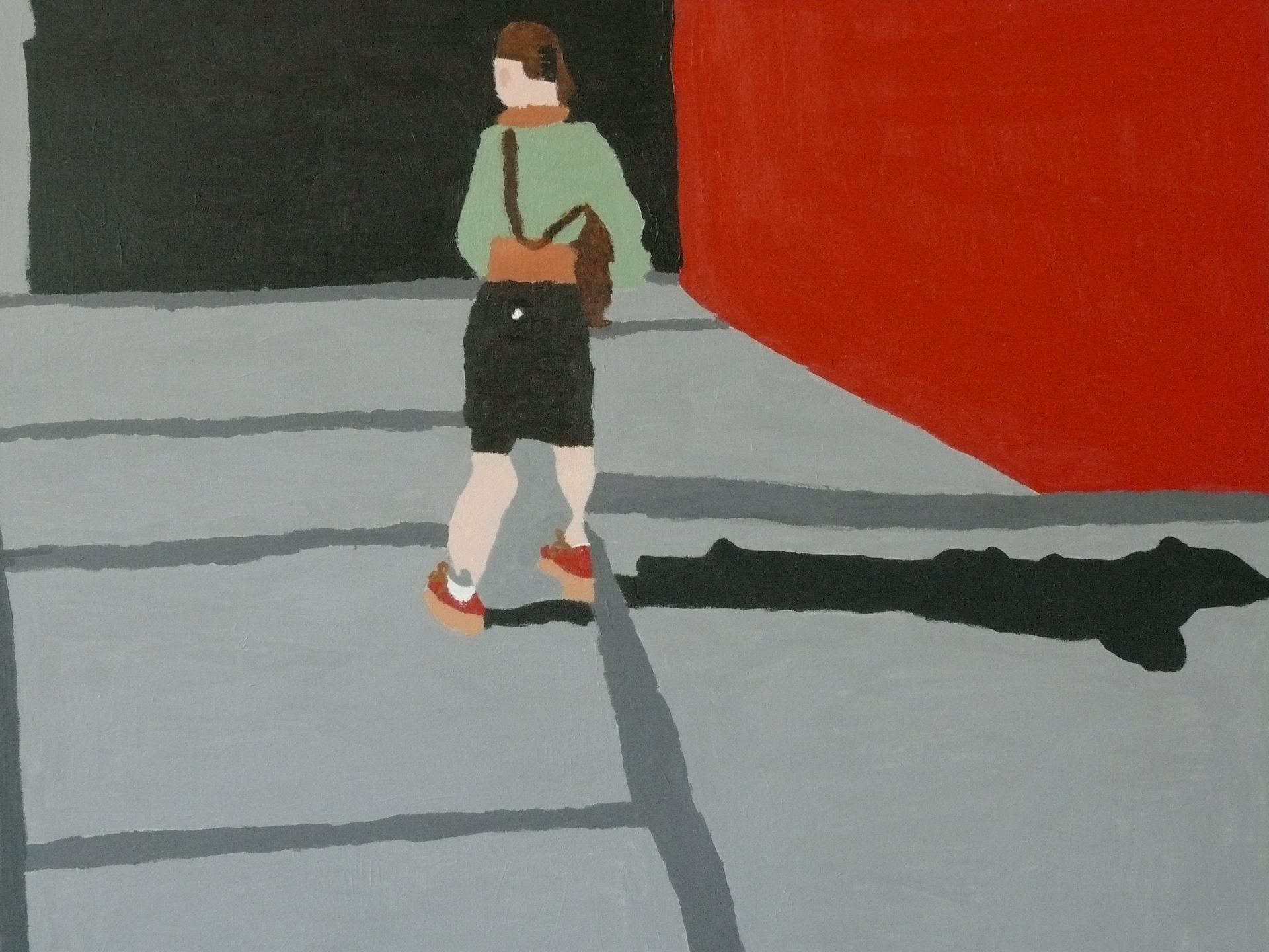 Schilderij van een wandelende vrouw met rode schoenen en een schaduw